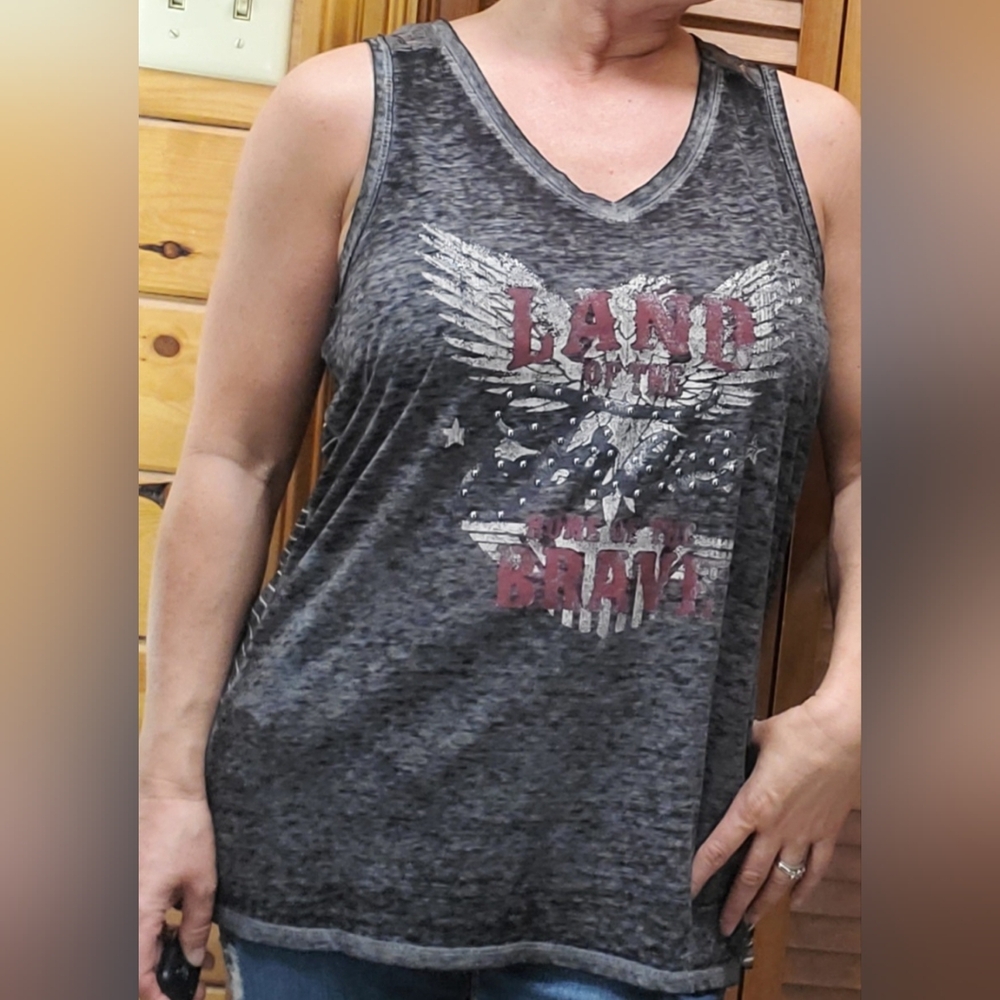 Distressed Grey Cotton Tank Top Lace Shoulder Back Size Large